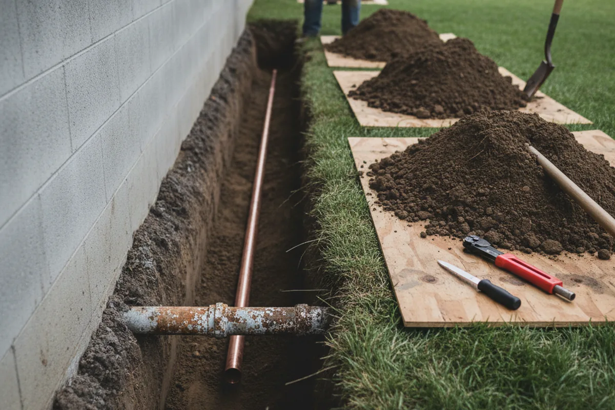 Excavated water line trench during Water Softener Installation in Cupertino